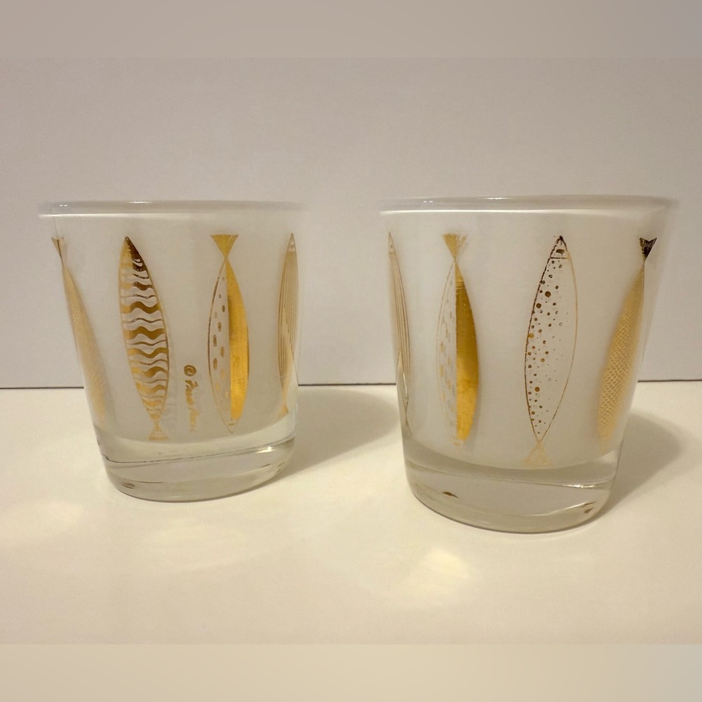 Vintage Fred Press Lowball Glasses – Mid-Century Modern – Gold Fish Design